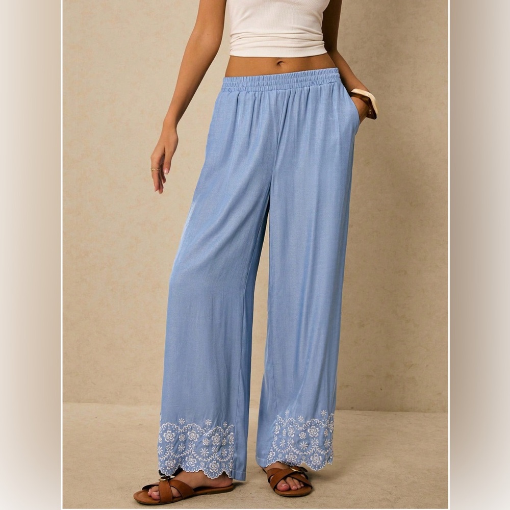 Blue Embroidered Design On The Hem Pants - Picture 2 of 7